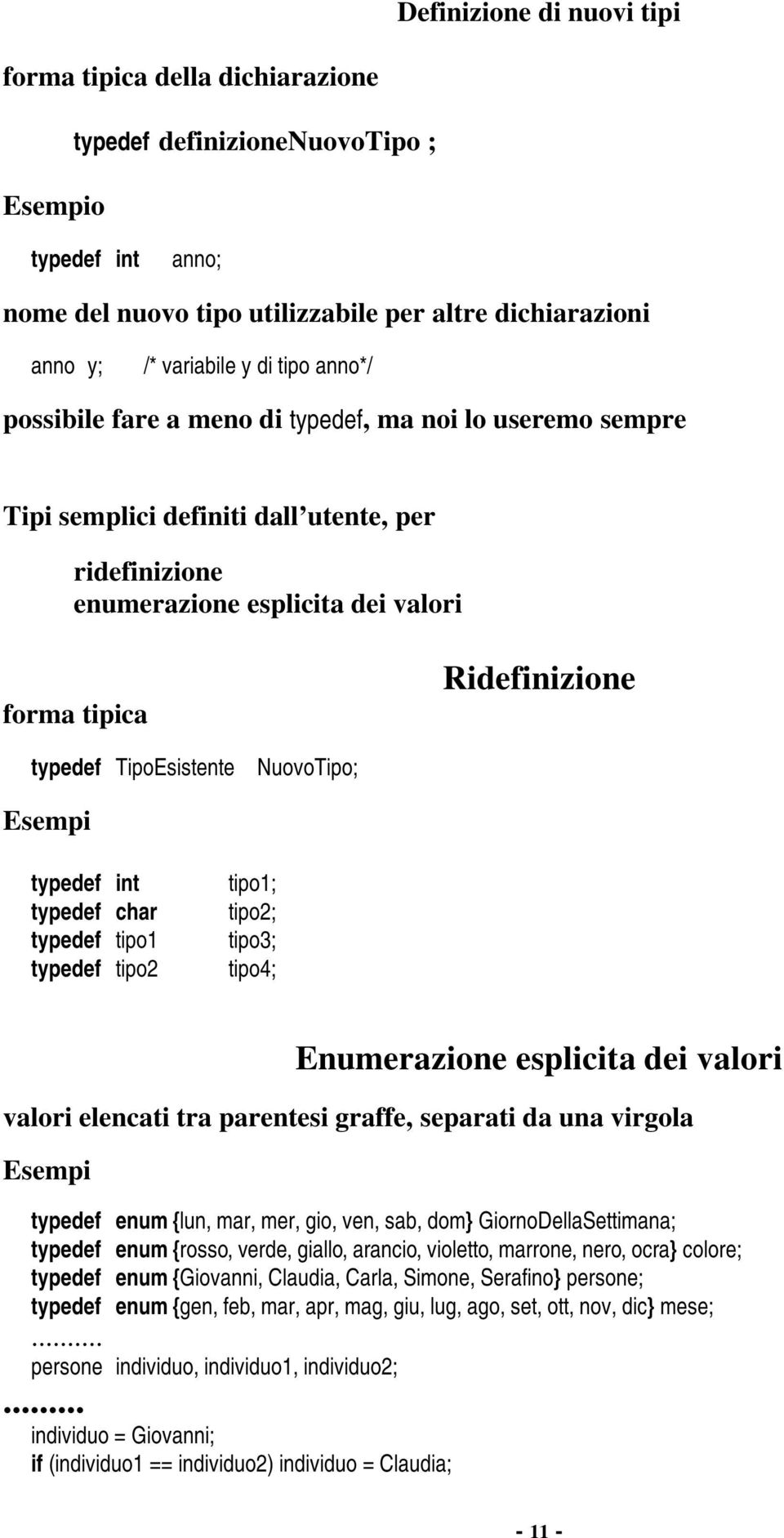 TipoEsistente NuovoTipo; Esempi typedef int typedef char typedef tipo1 typedef tipo2 tipo1; tipo2; tipo3; tipo4; Enumerazione esplicita dei valori valori elencati tra parentesi graffe, separati da