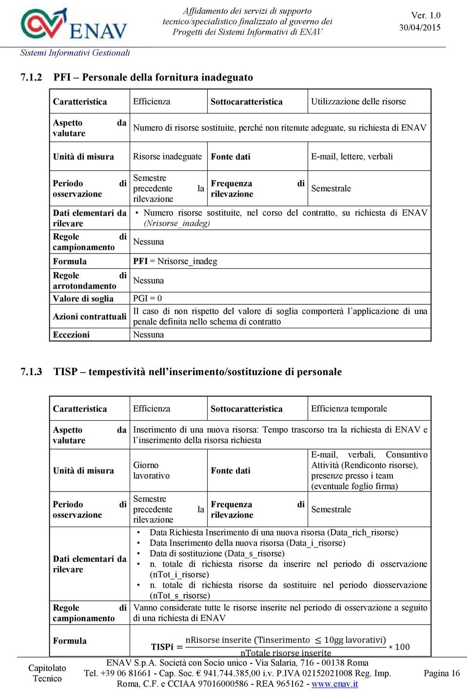 rilevazione la Frequenza rilevazione di Semestrale Numero risorse sostituite, nel corso del contratto, su richiesta di ENAV (Nrisorse_inadeg) Nessuna PFI = Nrisorse_inadeg Nessuna arrotondamento