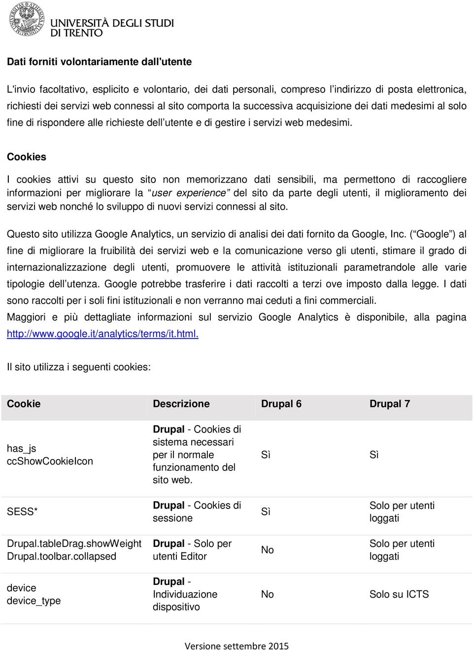 Cookies I cookies attivi su questo sito non memorizzano dati sensibili, ma permettono di raccogliere informazioni per migliorare la user experience del sito da parte degli utenti, il miglioramento