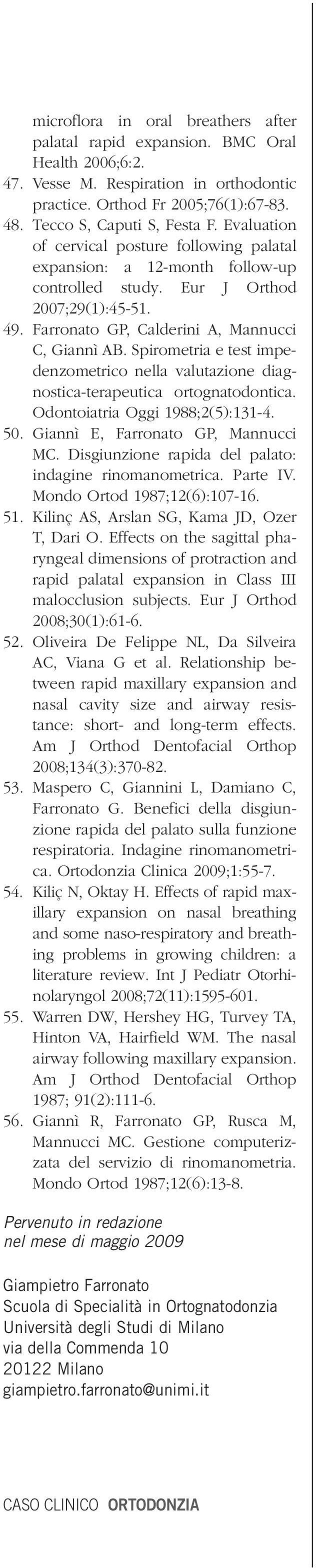 Spirometri e test impedenzometrico nell vlutzione dignostic-terpeutic ortogntodontic. Odontoitri Oggi 1988;2(5):131-4. 50. Ginnì E, Frronto GP, Mnnucci MC.