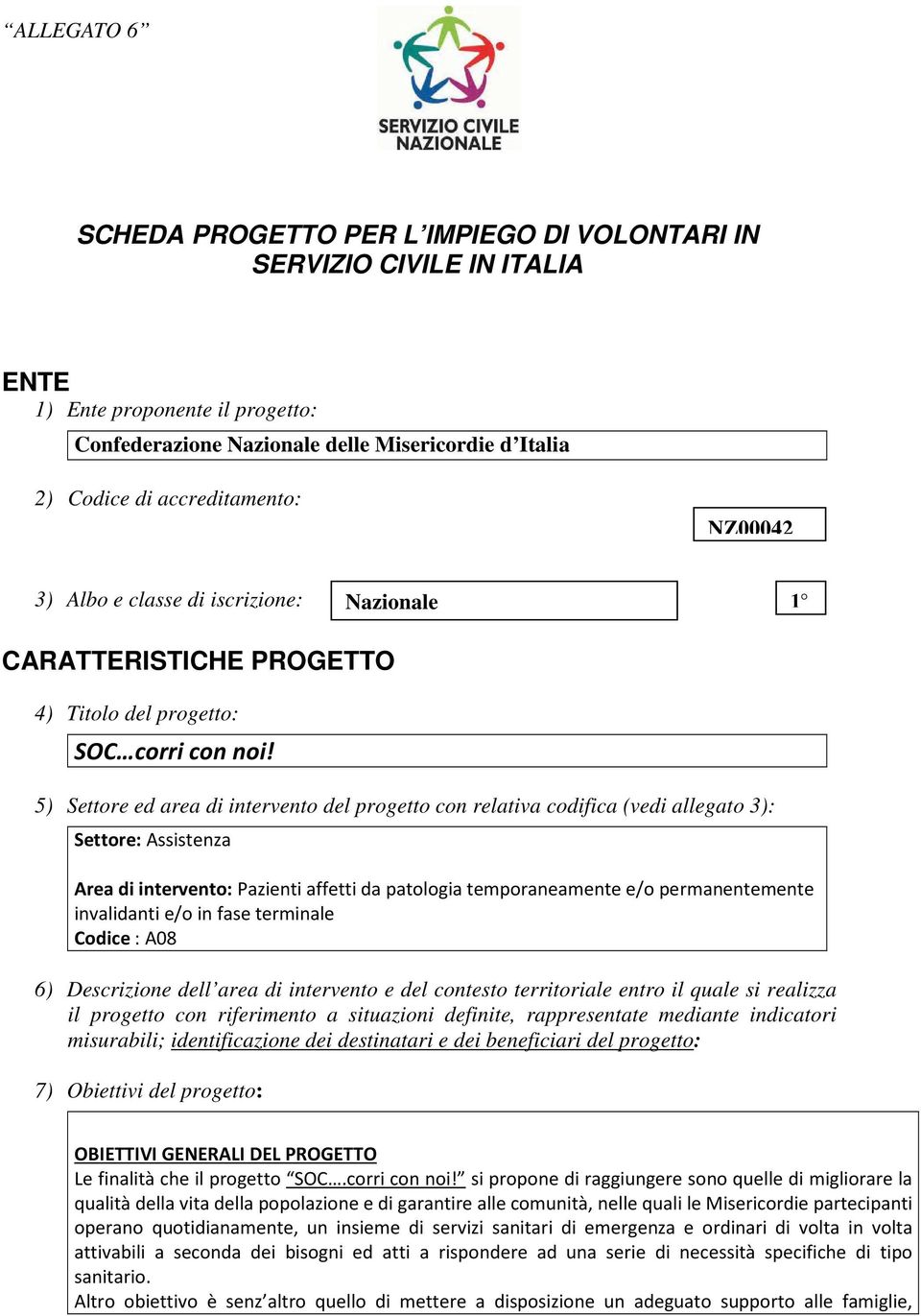 5) Settore ed area di intervento del progetto con relativa codifica (vedi allegato 3): Settore: Assistenza Area di intervento: Pazienti affetti da patologia temporaneamente e/o permanentemente