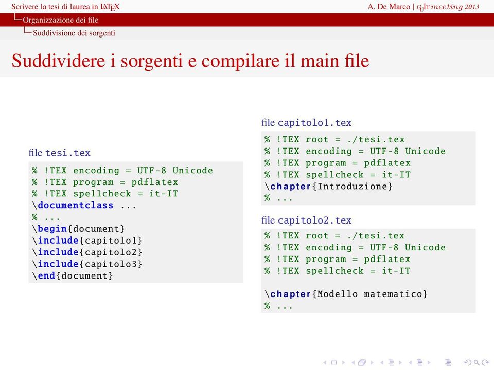 Pippo file tesi.tex %!TEX encoding = UTF-8 Unicode %!TEX program = pdflatex %!TEX spellcheck = it-it \documentclass... %... \begin{document} \include{capitolo1} \include{capitolo2} \include{capitolo3} \end{document} Pippo Pippo file capitolo1.