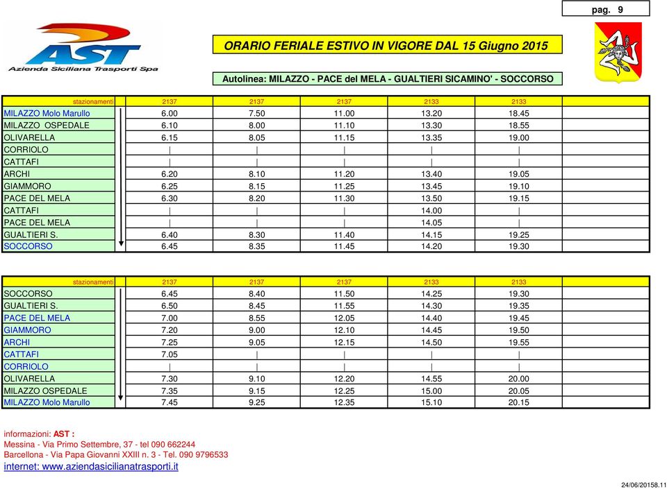 10 PACE DEL MELA 6.30 8.20 11.30 13.50 19.15 CATTAFI 14.00 PACE DEL MELA 14.05 GUALTIERI S. 6.40 8.30 11.40 14.15 19.25 SOCCORSO 6.45 8.35 11.45 14.20 19.