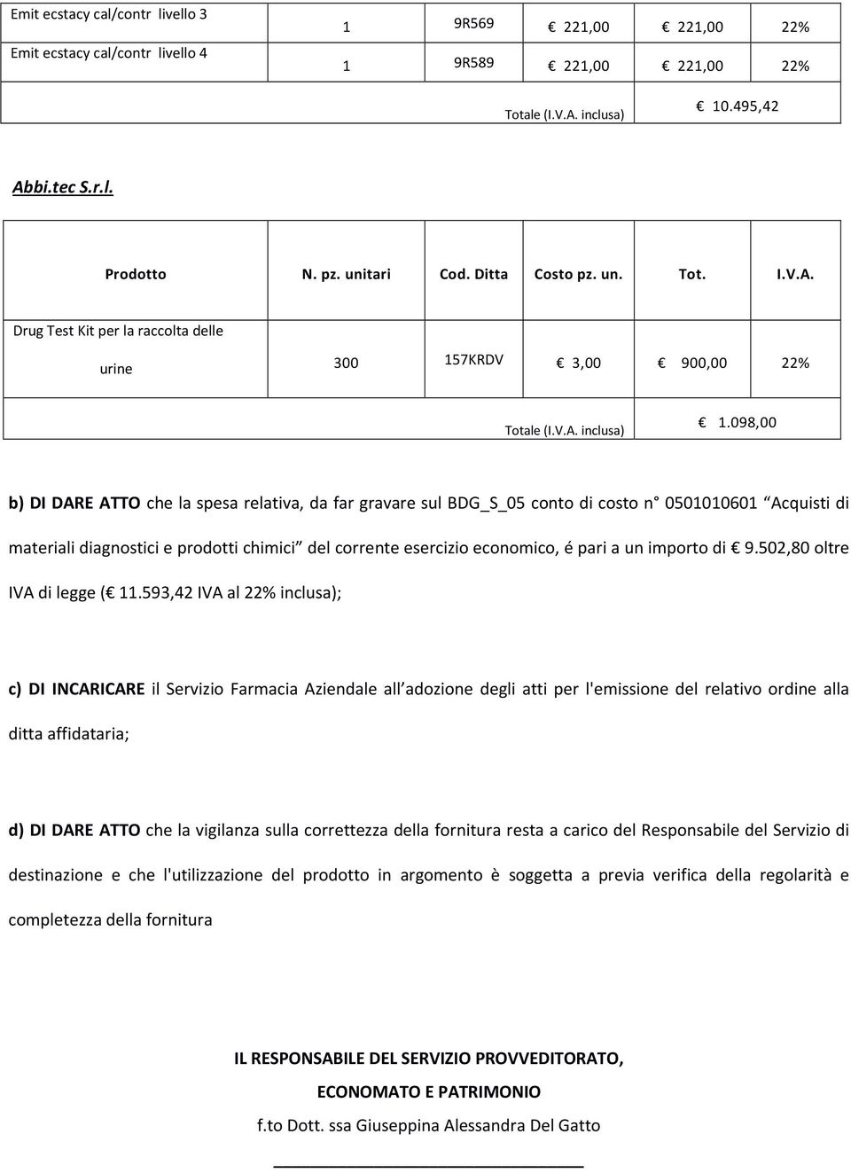 098,00 b) DI DARE ATTO che la spesa relativa, da far gravare sul BDG_S_05 conto di costo n 0501010601 Acquisti di materiali diagnostici e prodotti chimici del corrente esercizio economico, é pari a