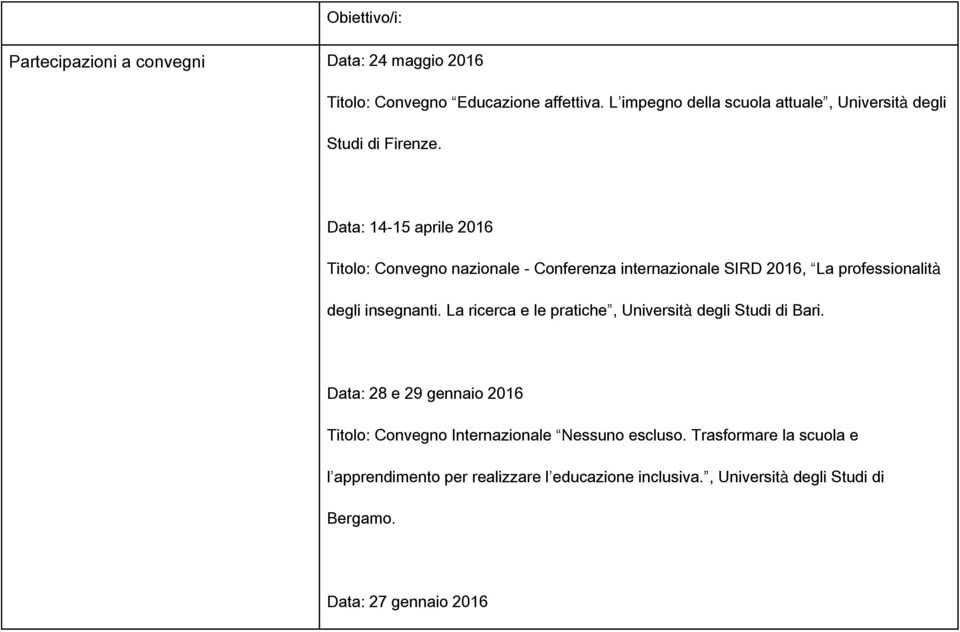 Data: 14-15 aprile 2016 Titolo: Convegno nazionale - Conferenza internazionale SIRD 2016, La professionalità degli insegnanti.