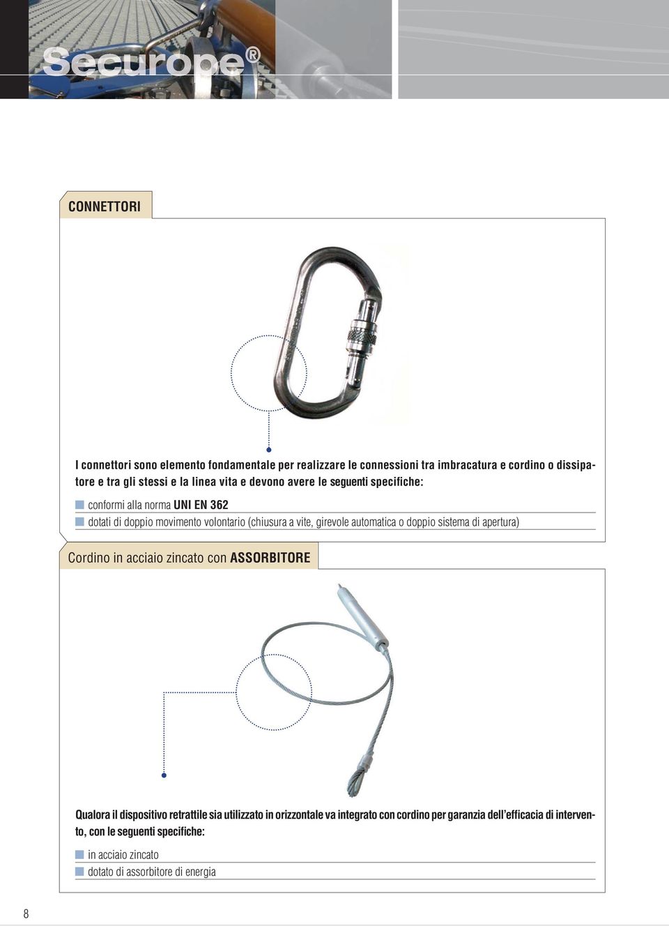 girevole automatica o doppio sistema di apertura) Cordino in acciaio zincato con ASSORBITORE Qualora il dispositivo retrattile sia utilizzato in