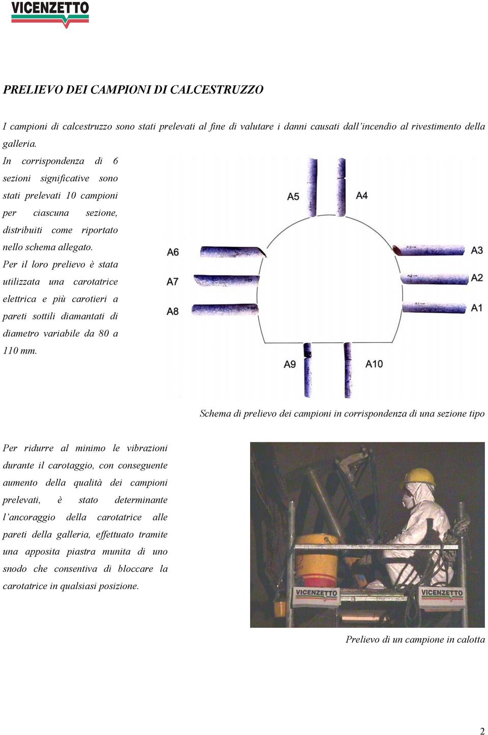 Per il loro prelievo è stata utilizzata una carotatrice elettrica e più carotieri a pareti sottili diamantati di diametro variabile da 80 a 110 mm.