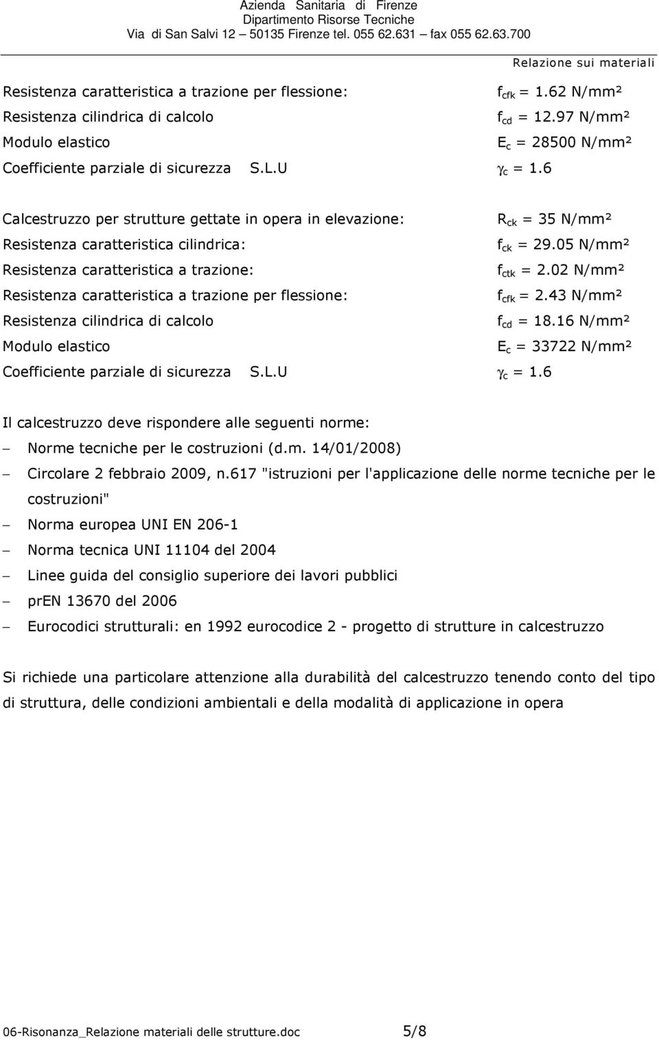 05 N/mm² Resistenza caratteristica a trazine: f ctk = 2.02 N/mm² Resistenza caratteristica a trazine per flessine: f cfk = 2.43 N/mm² Resistenza cilindrica di calcl f cd = 18.