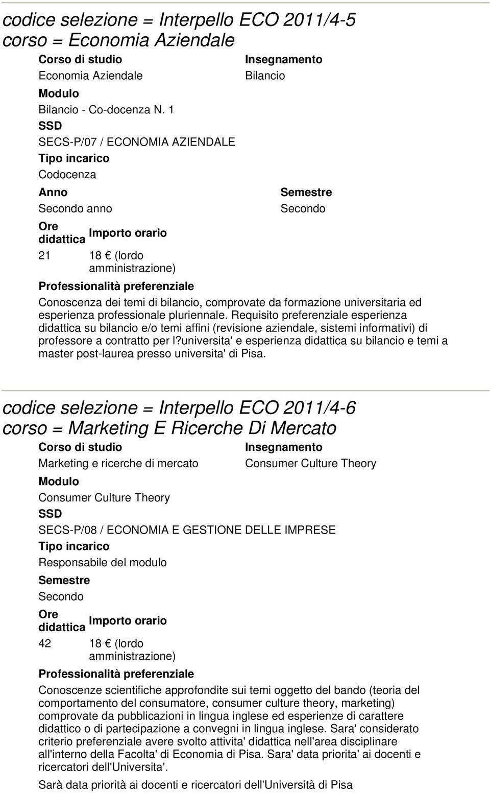 Requisito preferenziale esperienza su bilancio e/o temi affini (revisione aziendale, sistemi informativi) di professore a contratto per l?