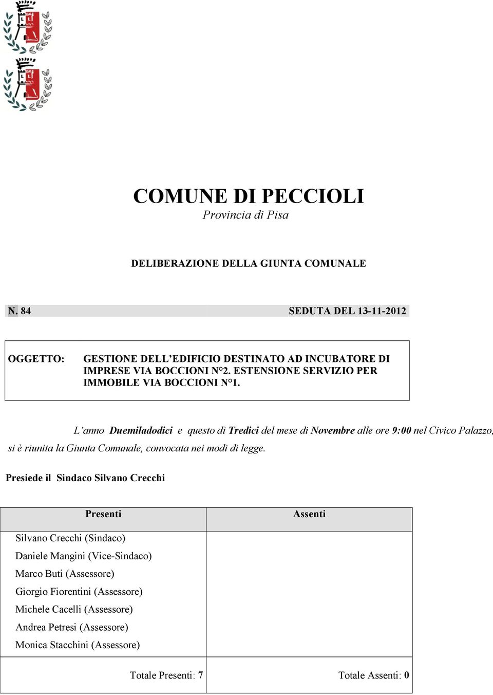 L anno Duemiladodici e questo dì Tredici del mese di Novembre alle ore 9:00 nel Civico Palazzo, si è riunita la Giunta Comunale, convocata nei modi di legge.