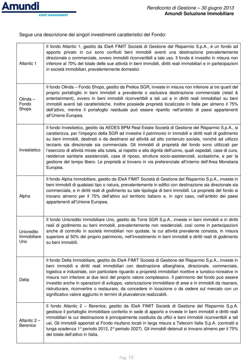 Il fondo è investito in misura non inferiore al 70% del totale delle sue attività in beni immobili, diritti reali immobiliari e in partecipazioni in società immobiliari, prevalentemente domestici