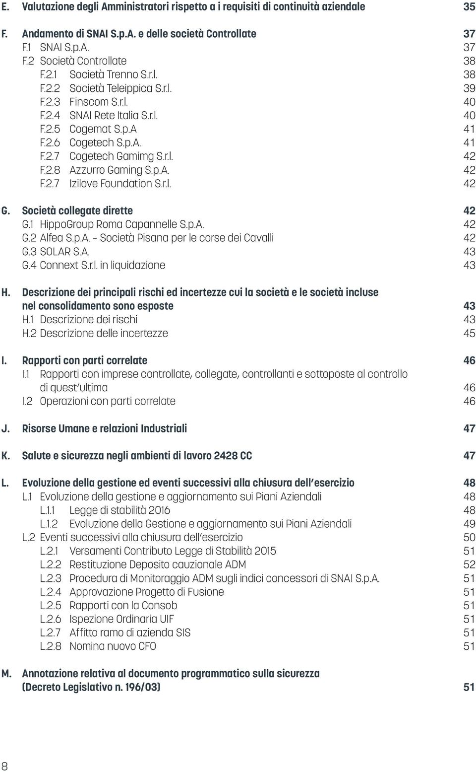 p.A. 42 F.2.7 Izilove Foundation S.r.l. 42 G. Società collegate dirette 42 G.1 HippoGroup Roma Capannelle S.p.A. 42 G.2 Alfea S.p.A. Società Pisana per le corse dei Cavalli 42 G.3 SOLAR S.A. 43 G.