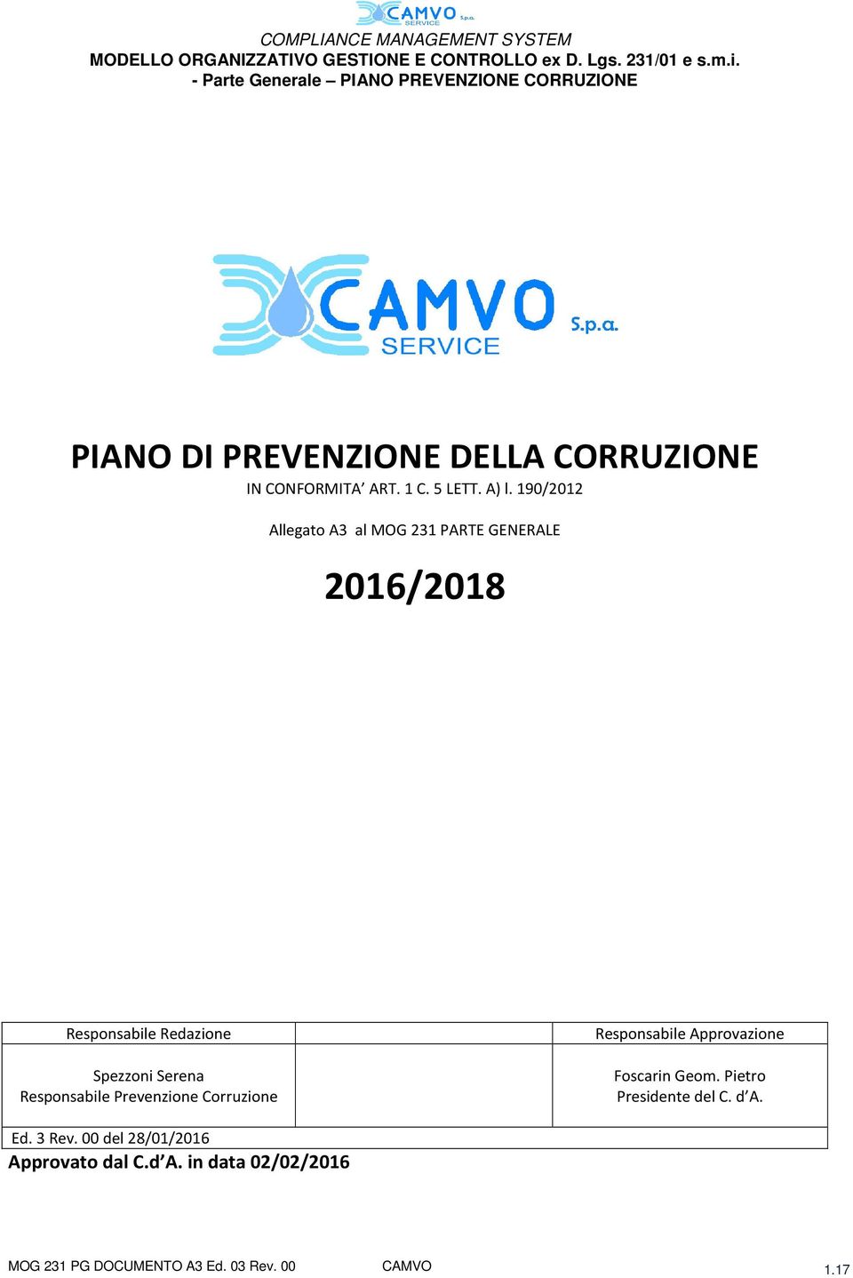 Responsabile Prevenzione Corruzione Responsabile Approvazione Foscarin Geom.