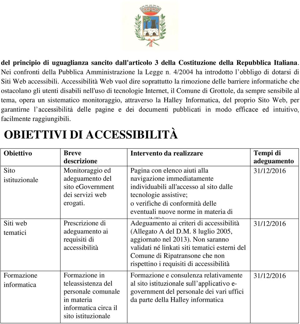 Accessibilità Web vuol dire soprattutto la rimozione delle barriere informatiche che ostacolano gli utenti disabili nell'uso di tecnologie Internet, il Comune di Grottole, da sempre sensibile al