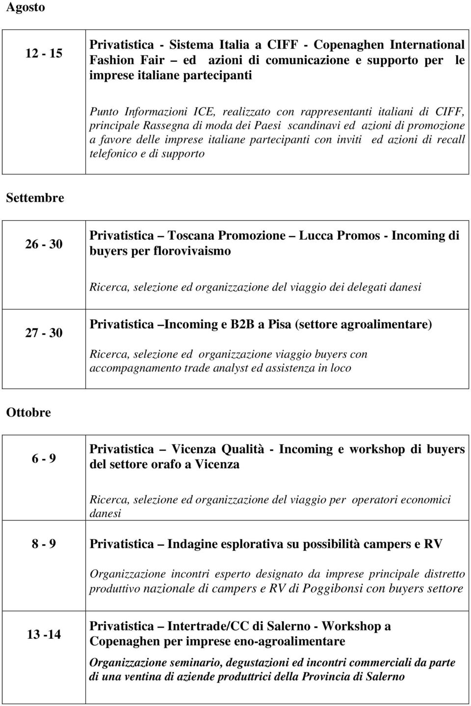 di supporto Settembre 26-30 Privatistica Toscana Promozione Lucca Promos - Incoming di buyers per florovivaismo Ricerca, selezione ed organizzazione del viaggio dei delegati danesi 27-30 Privatistica