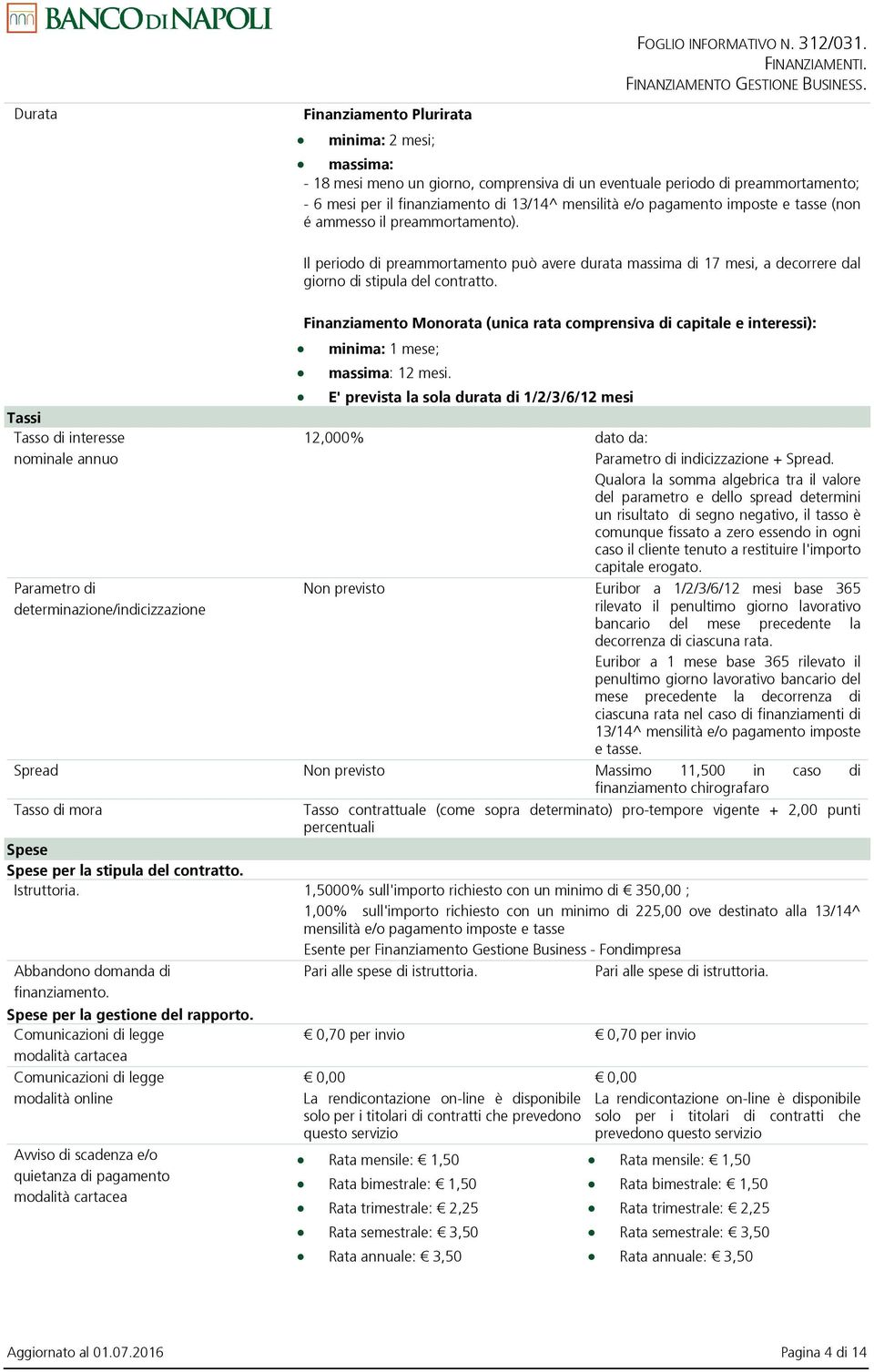 Tassi Tasso di interesse nominale annuo Parametro di determinazione/indicizzazione Finanziamento Monorata (unica rata comprensiva di capitale e interessi): minima: 1 mese; massima: 12 mesi.