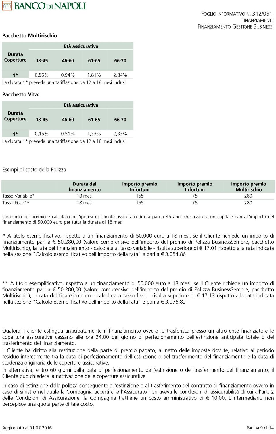 Pacchetto Vita: Età assicurativa Durata Coperture 18-45 46-60 61-65 66-70 1* 0,15% 0,51% 1,33% 2,33% La durata 1* prevede una tariffazione da 12 a 18 mesi inclusi.