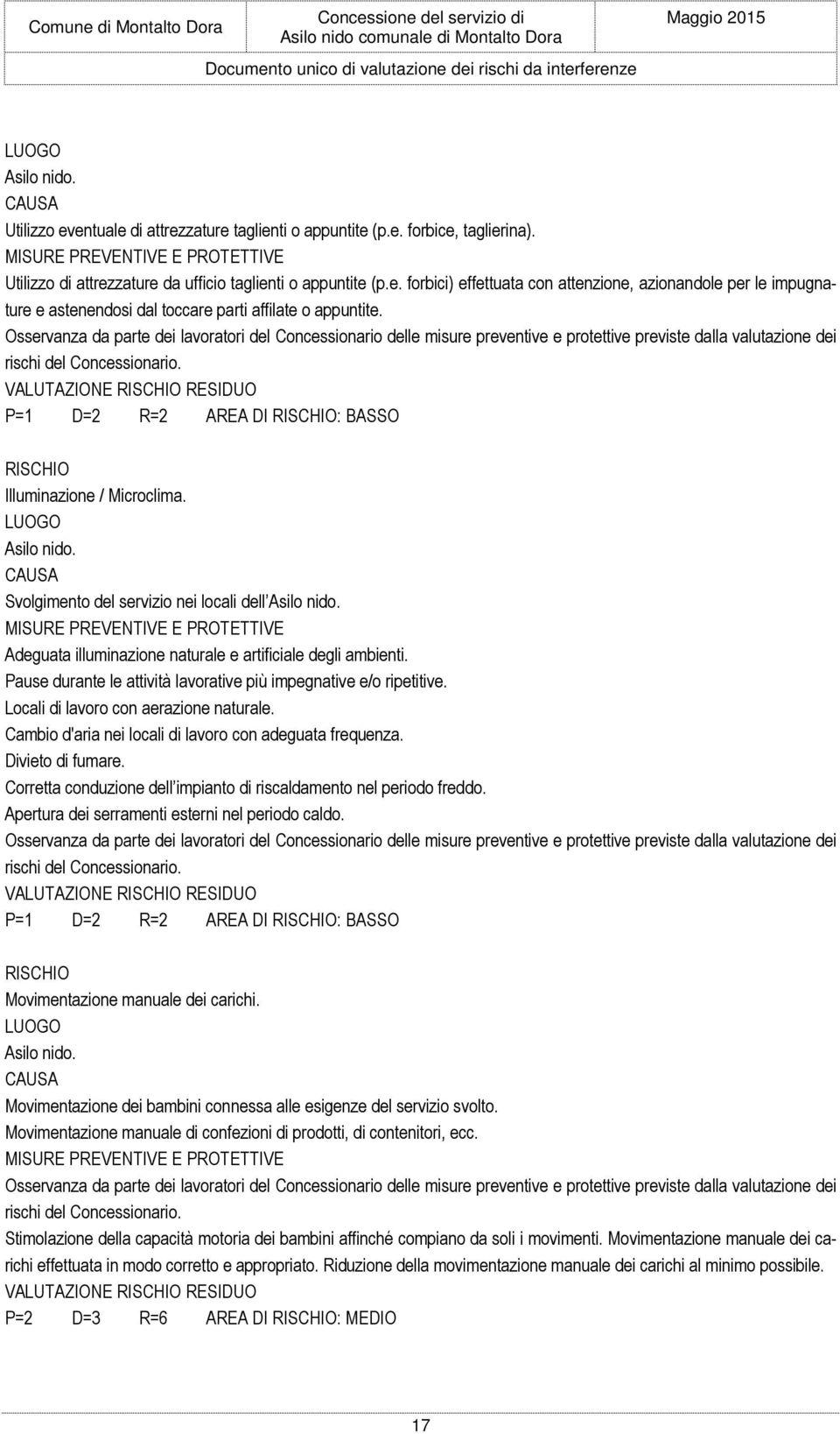 VALUTAZIONE RESIDUO P=1 D=2 R=2 AREA DI : BASSO Illuminazione / Microclima. Asilo nido. Svolgimento del servizio nei locali dell Asilo nido.