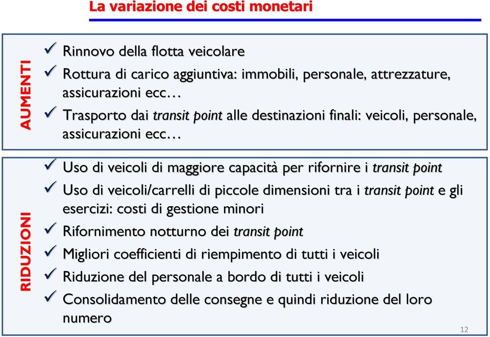 point Uso di veicoli/carrelli di piccole dimensioni tra i transit point e gli esercizi: costi di gestione minori Rifornimento notturno dei transit point