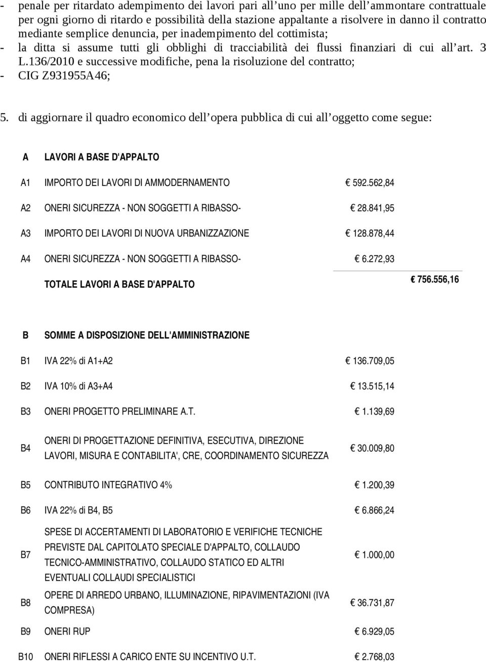 136/010 e successive modifiche, pena la risoluzione del contratto; - CIG Z931955A46; 5.