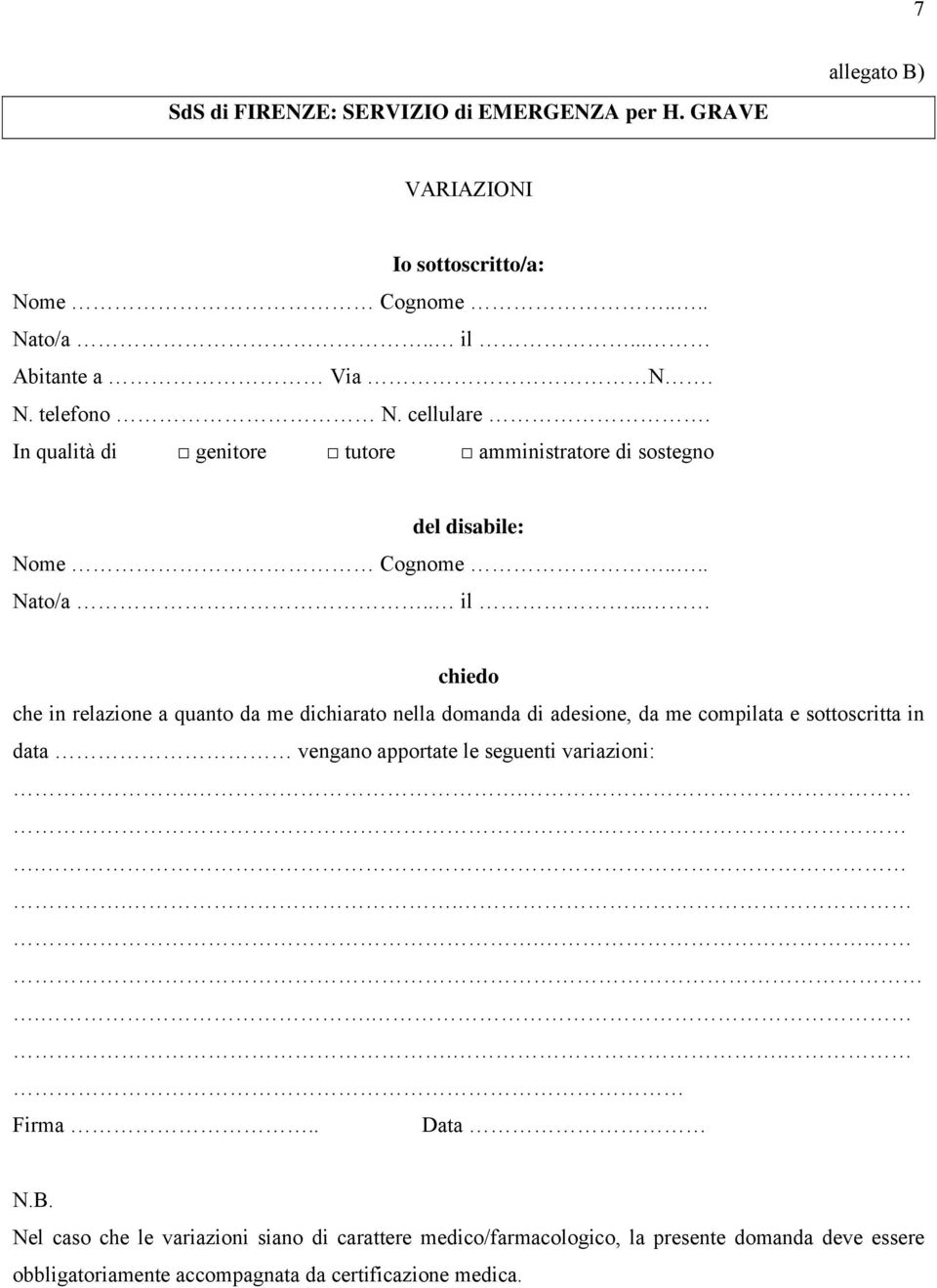 adesione, da me compilata e sottoscritta in data vengano apportate le seguenti variazioni:............ Firma.. Data N.B.