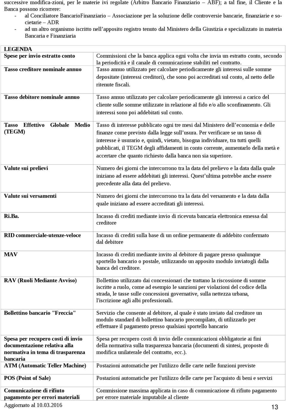 e Finanziaria LEGENDA Spese per invio estratto conto Tasso creditore nominale annuo Tasso debitore nominale annuo Tasso Effettivo Globale Medio (TEGM) Valute sui prelievi Valute sui versamenti Ri.Ba.