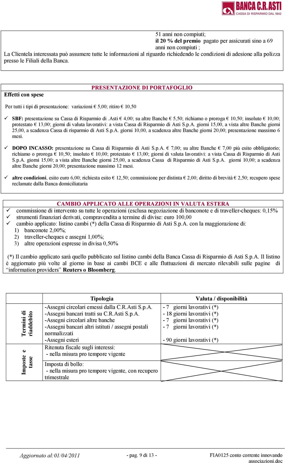 Effetti con spese PRESENTAZIONE DI PORTAFOGLIO Per tutti i tipi di presentazione: variazioni 5,00; ritiro 10,50 SBF: presentazione su Cassa di Risparmio di.