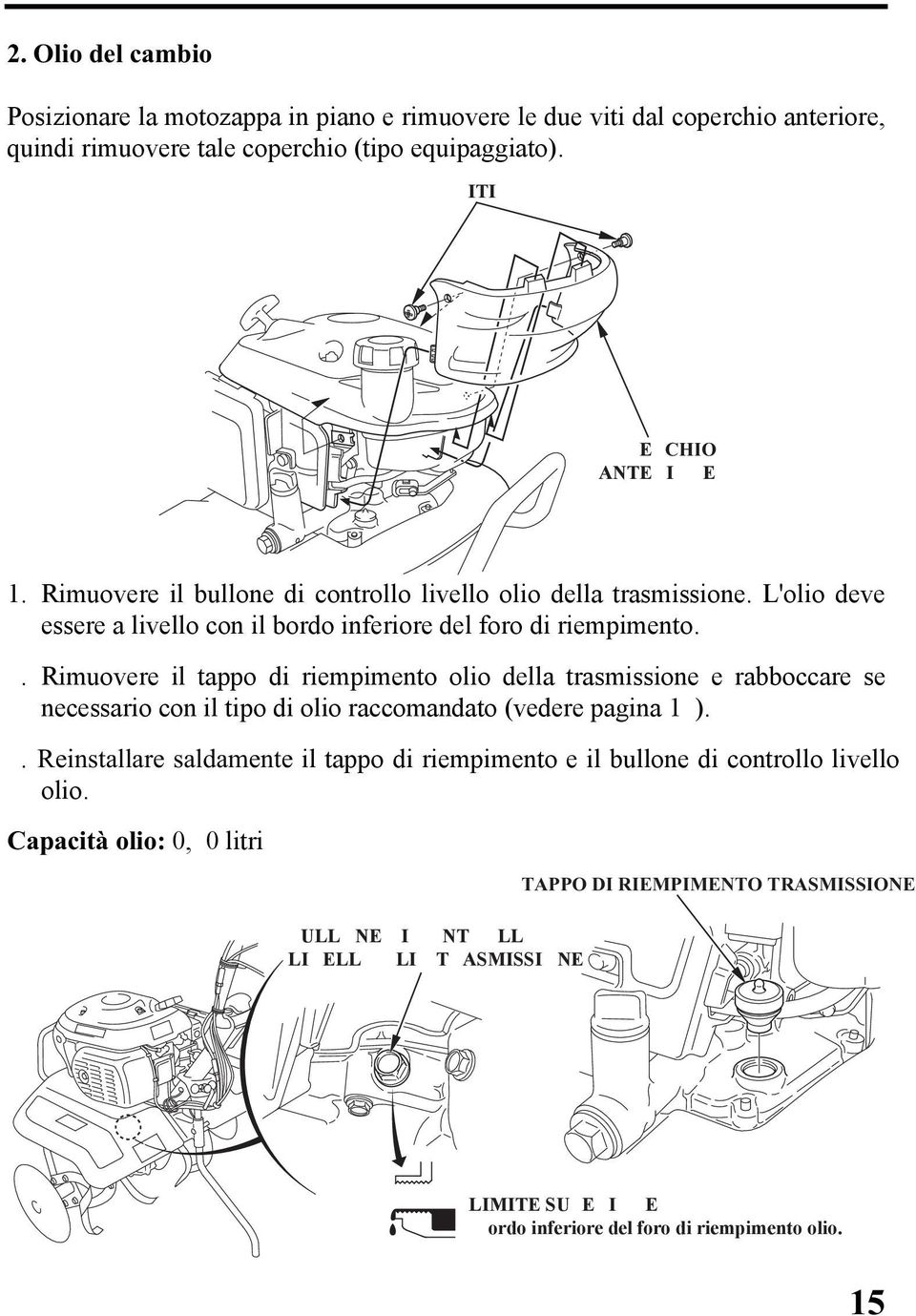 . Rimuovere il tppo di riempimento olio dell trsmissione e rbboccre se necessrio con il tipo di olio rccomndto (vedere pgin 1 ).