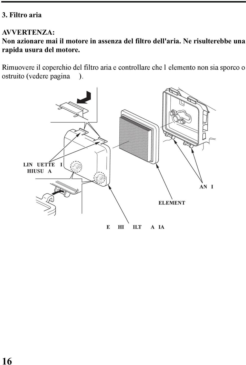 Rimuovere il coperchio del filtro ri e controllre che l elemento non