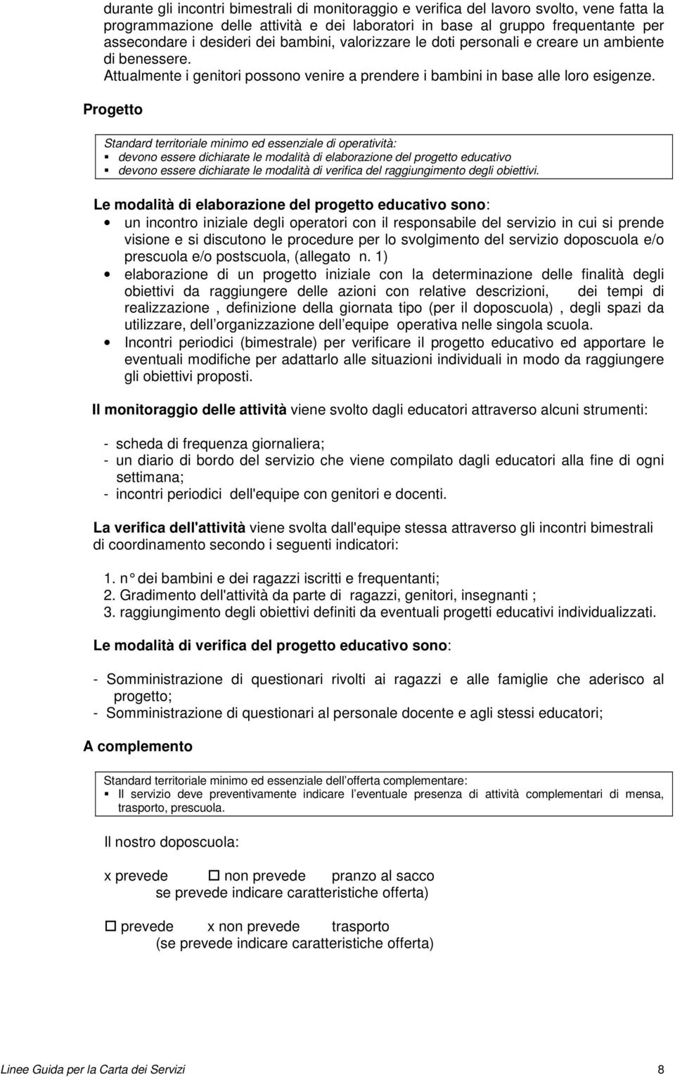 Progetto Standard territoriale minimo ed essenziale di operatività: devono essere dichiarate le modalità di elaborazione del progetto educativo devono essere dichiarate le modalità di verifica del