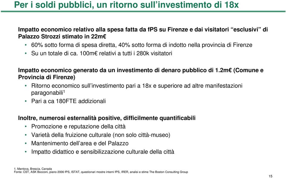 2m (Comune e Provincia di Firenze) Ritorno economico sull investimento pari a 18x e superiore ad altre manifestazioni paragonabili 1 Pari a ca 180FTE addizionali Inoltre, numerosi esternalità