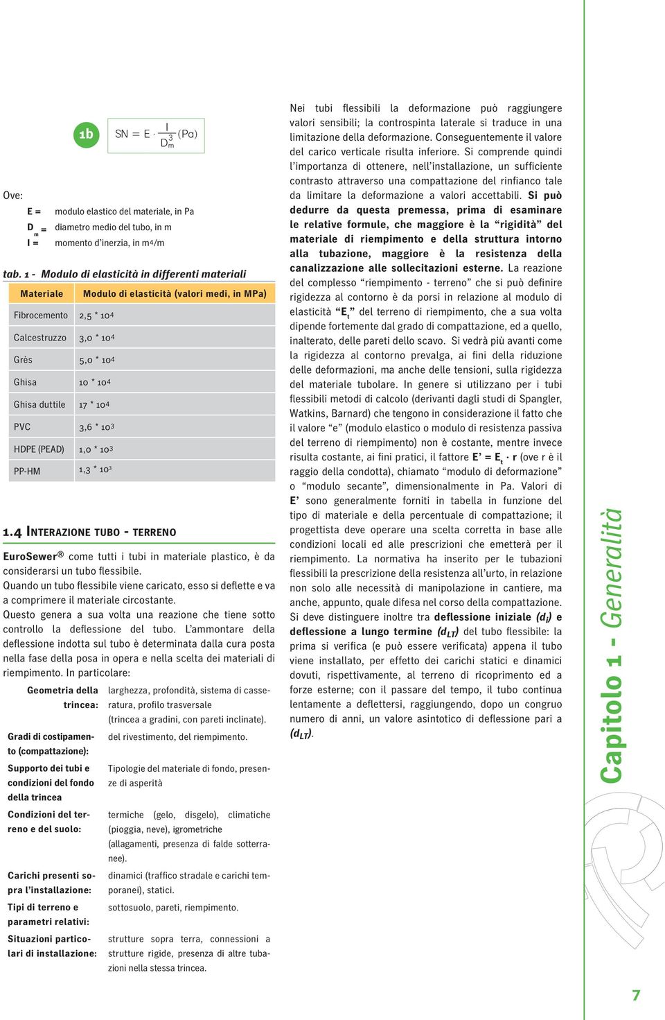 3 PP-HM 1,3 * 10 3 Modulo di elasticità (valori medi, in MPa) 1.4 INTERAZIONE TUBO - TERRENO EuroSewer come tutti i tubi in materiale plastico, è da considerarsi un tubo fl essibile.