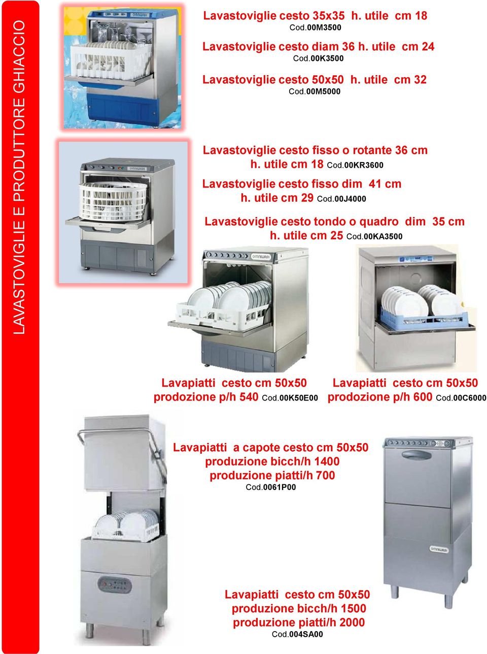 00J4000 Lavastoviglie cesto tondo o quadro dim 35 cm h. utile cm 25 Cod.00KA3500 Lavapiatti cesto cm 50x50 prodozione p/h 540 Cod.