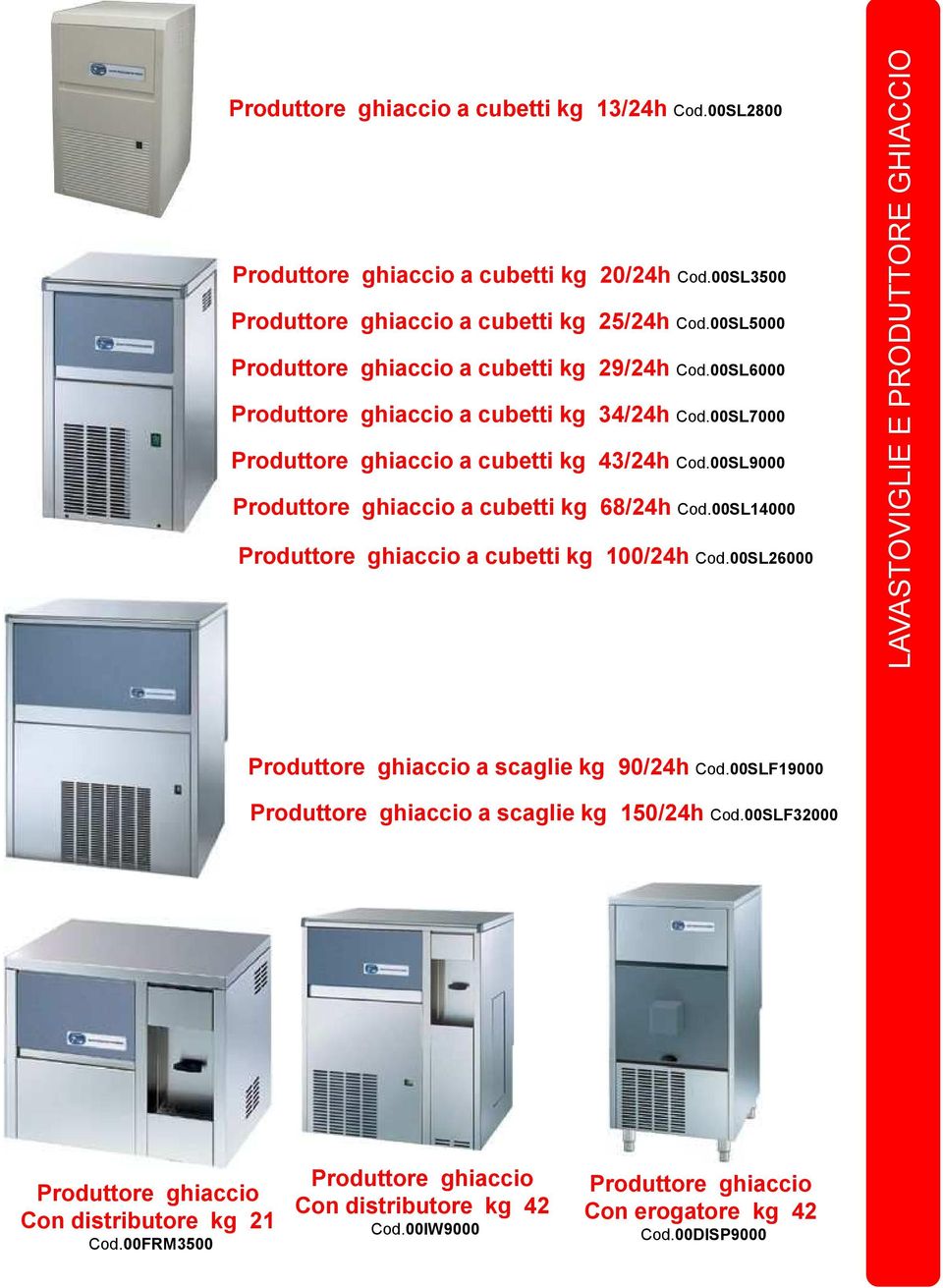 00SL9000 Produttore ghiaccio a cubetti kg 68/24h Cod.00SL14000 Produttore ghiaccio a cubetti kg 100/24h Cod.