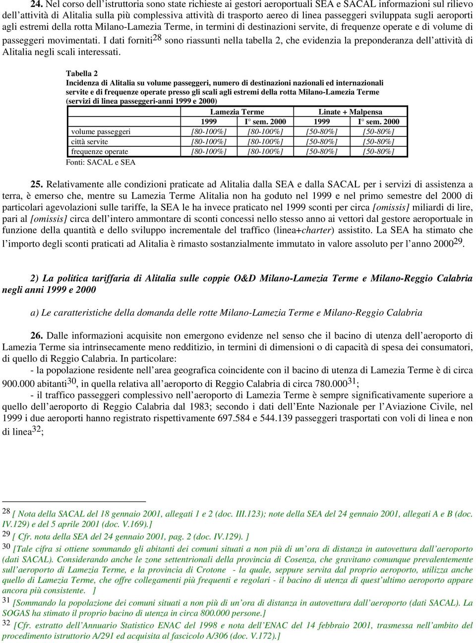 I dati forniti 28 sono riassunti nella tabella 2, che evidenzia la preponderanza dell attività di Alitalia negli scali interessati.