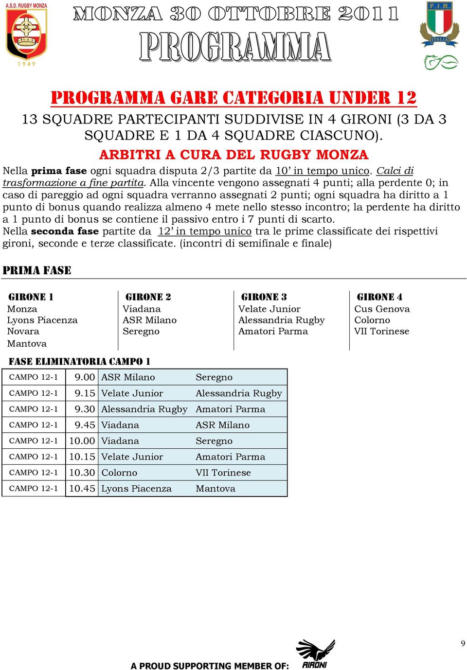 Alla vincente vengono assegnati 4 punti; alla perdente 0; in caso di pareggio ad ogni squadra verranno assegnati 2 punti; ogni squadra ha diritto a 1 punto di bonus quando realizza almeno 4 mete