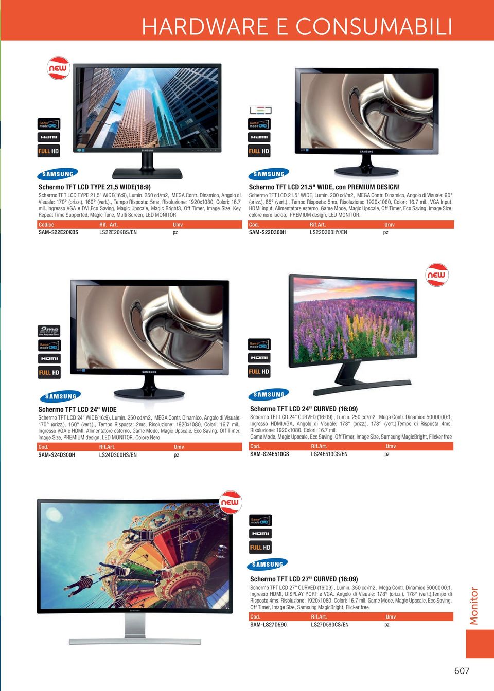 Umv SAM-S22E20KBS LS22E20KBS/EN Schermo TFT LCD 21.5" WIDE, con PREMIUM DESIGN! Schermo TFT LCD 21.5" WIDE, Lumin. 200 cd/m2, MEGA Contr. Dinamico, Angolo di Visuale: 90 (orizz.),