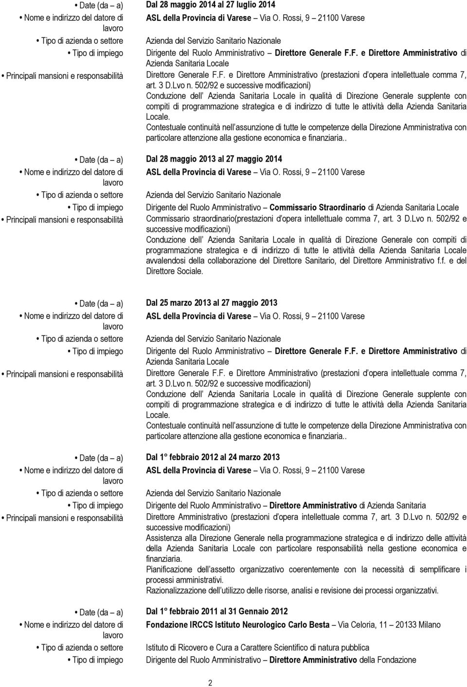 F. e Direttore Amministrativo di Azienda Sanitaria Locale Principali mansioni e responsabilità Direttore Generale F.F. e Direttore Amministrativo (prestazioni d opera intellettuale comma 7, art. 3 D.