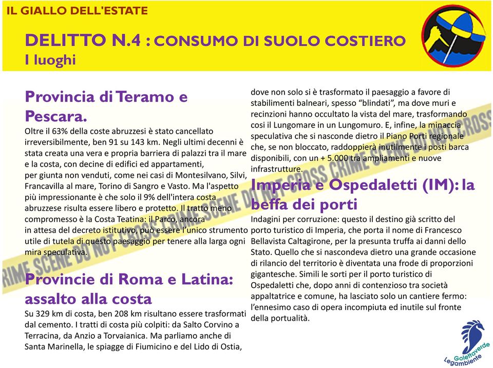 Francavilla al mare, Torino di Sangro e Vasto. Ma l'aspetto più impressionante è che solo il 9% dell'intera costa abruzzese risulta essere libero e protetto.