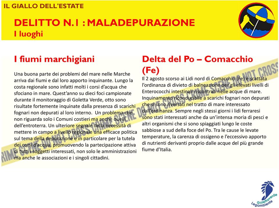 Quest anno su dieci foci campionate durante il monitoraggio di Goletta Verde, otto sono risultate fortemente inquinate dalla presenza di scarichi fognari non depurati al loro interno.