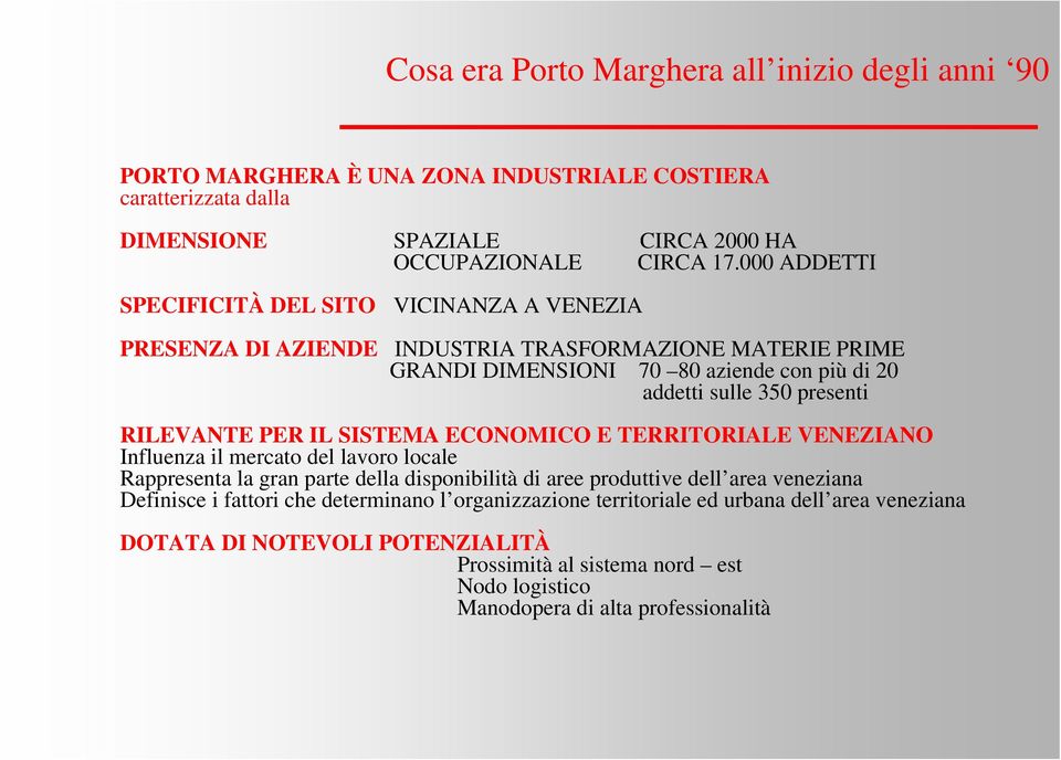 000 ADDETTI VICINANZA A VENEZIA PRESENZA DI AZIENDE INDUSTRIA TRASFORMAZIONE MATERIE PRIME GRANDI DIMENSIONI 70 80 aziende con più di 20 addetti sulle 350 presenti RILEVANTE PER IL