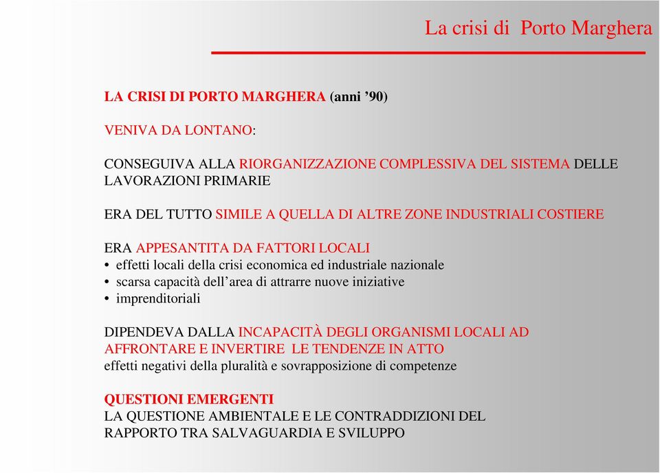 nazionale scarsa capacità dell area di attrarre nuove iniziative imprenditoriali DIPENDEVA DALLA INCAPACITÀ DEGLI ORGANISMI LOCALI AD AFFRONTARE E INVERTIRE LE