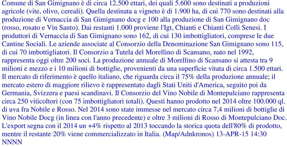 000 proviene l'igt, Chianti e Chianti Colli Senesi. I produttori di Vernaccia di San Gimignano sono 162, di cui 130 imbottigliatori, comprese le due Cantine Sociali.