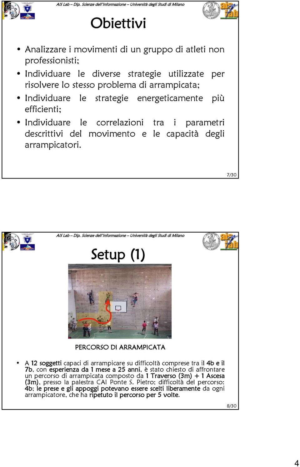 7/30 Setup (1) PERCORSO DI ARRAMPICATA A 12 soggetti capaci di arrampicare su difficoltà comprese tra il 4b e il 7b, con esperienza da 1 mese a 25 anni, è stato chiesto di affrontare un percorso