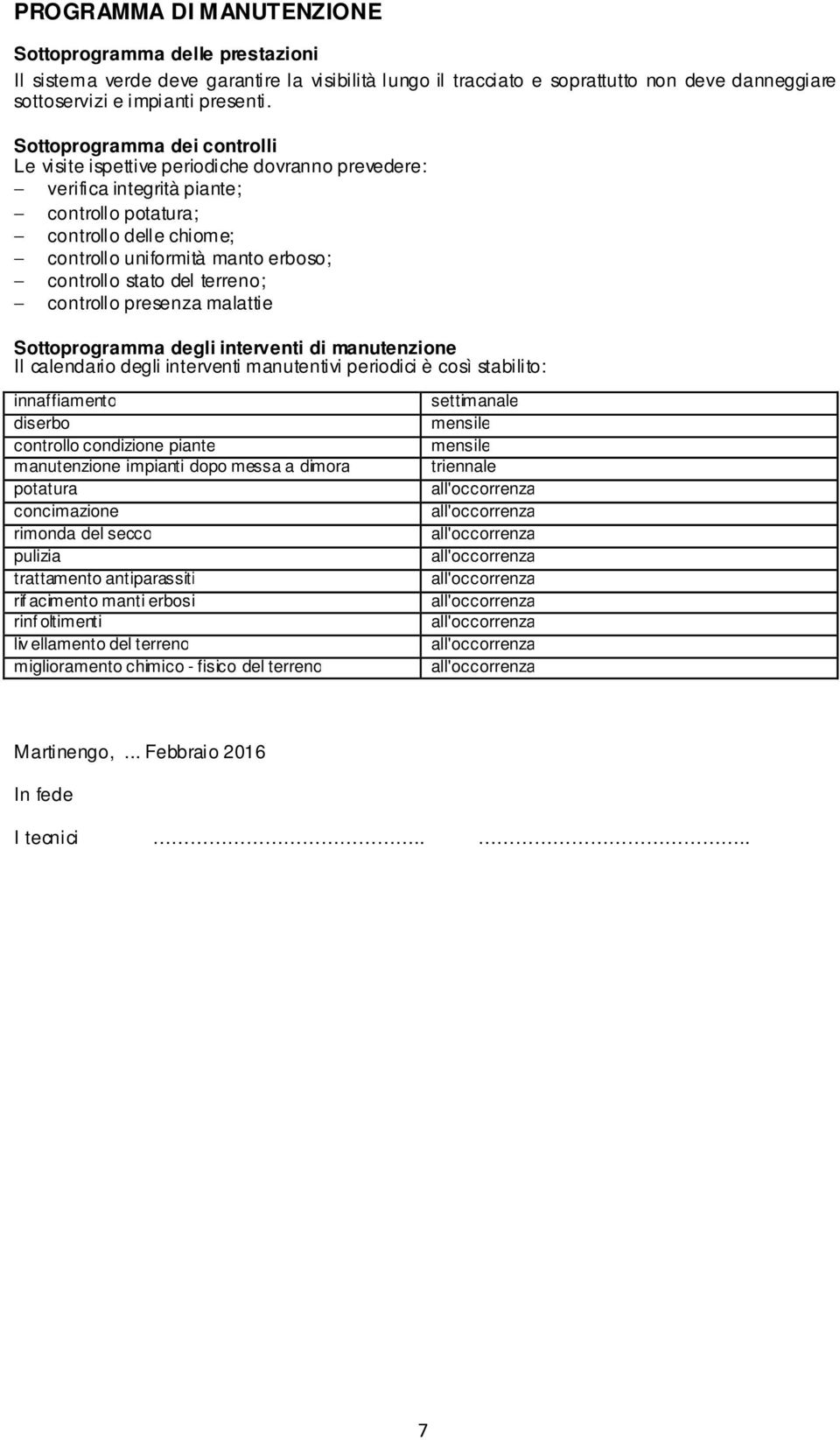 stato del terreno; controllo presenza malattie Sottoprogramma degli interventi di manutenzione Il calendario degli interventi manutentivi periodici è così stabilito: innaffiamento diserbo controllo