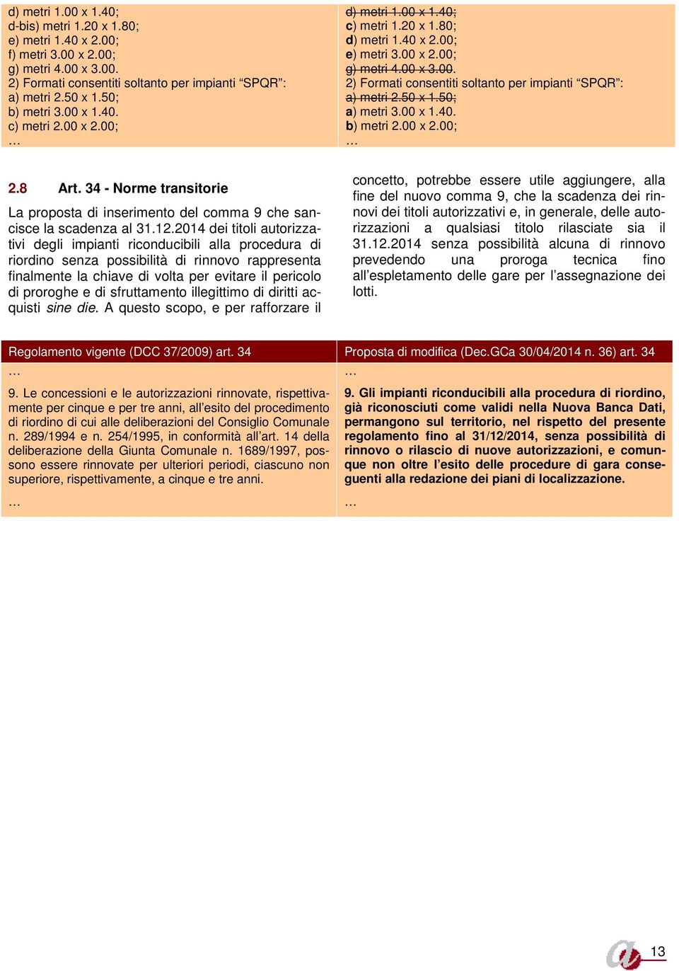 50 x 1.50; a) metri 3.00 x 1.40. b) metri 2.00 x 2.00; 2.8 Art. 34 - Norme transitorie La proposta di inserimento del comma 9 che sancisce la scadenza al 31.12.