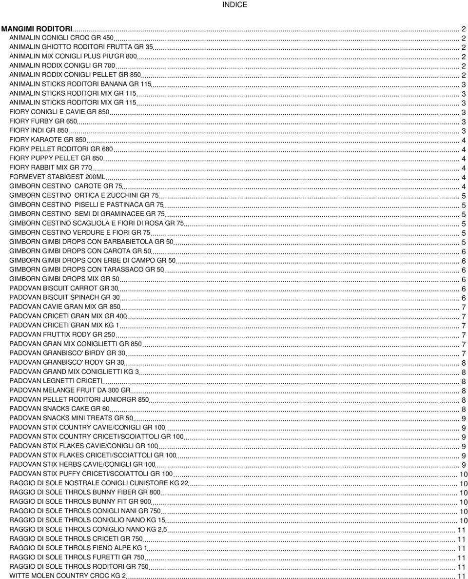 .. 3 FIORY FURBY GR 650... 3 FIORY INDI GR 850... 3 FIORY KARAOTE GR 850... 4 FIORY PELLET RODITORI GR 680... 4 FIORY PUPPY PELLET GR 850... 4 FIORY RABBIT MIX GR 770... 4 FORMEVET STABIGEST 200ML.