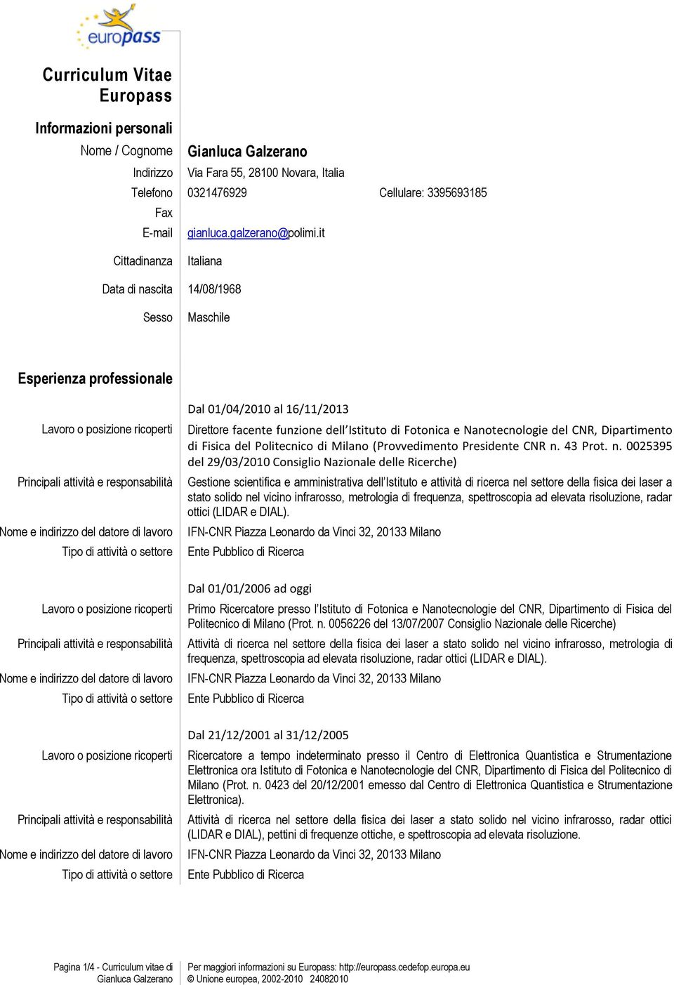 Dipartimento di Fisica del Politecnico di Milano (Provvedimento Presidente CNR n.