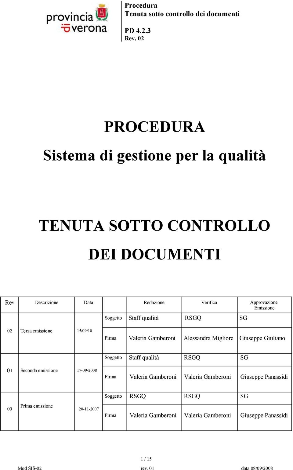 Emissione Soggetto Staff qualità RSGQ SG 02 Terza emissione 15/09/10 Firma Valeria Gamberoni Alessandra Migliore Giuseppe Giuliano