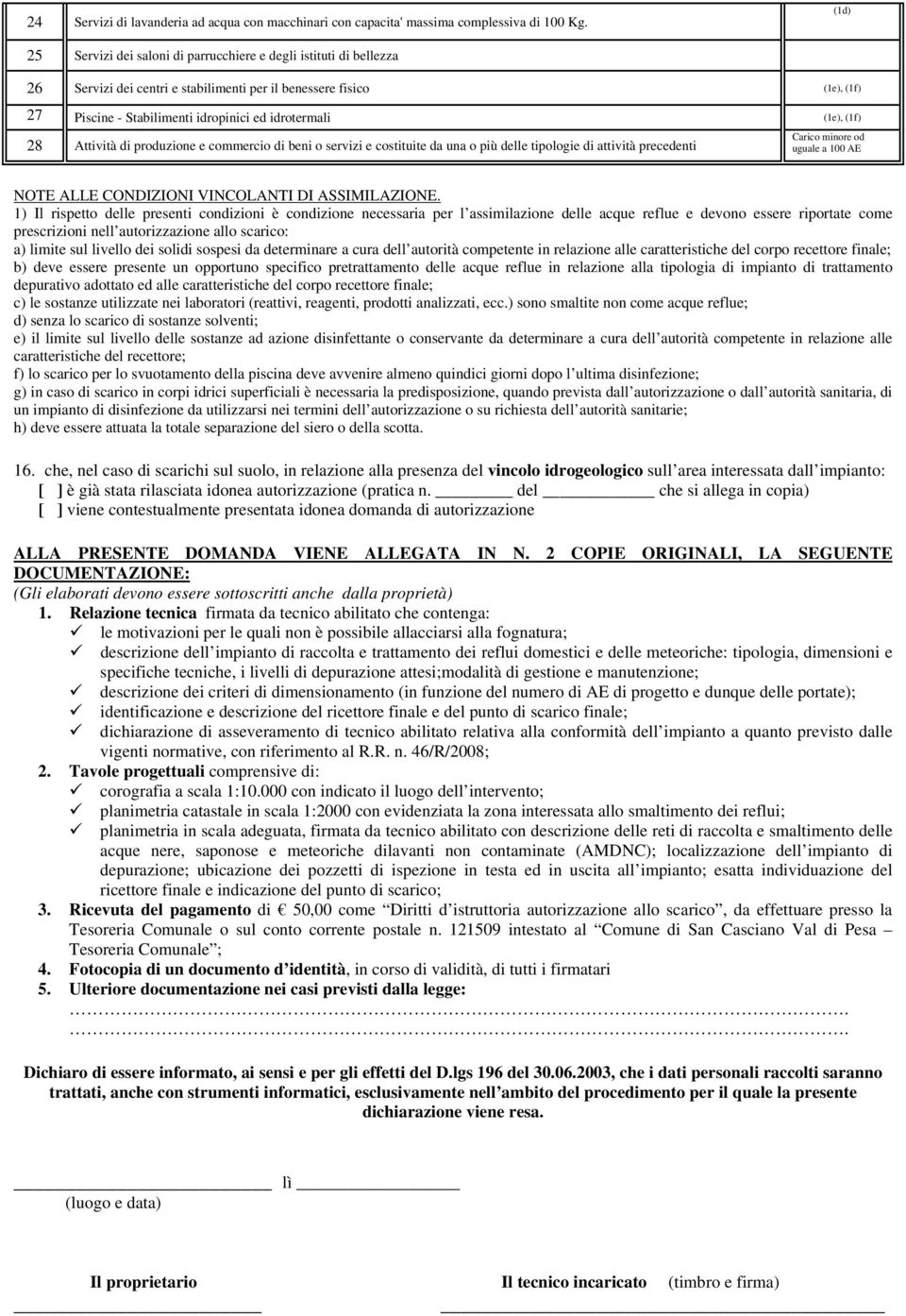 (1e), (1f) 28 Attività di produzione e commercio di beni o servizi e costituite da una o più delle tipologie di attività precedenti NOTE ALLE CONDIZIONI VINCOLANTI DI ASSIMILAZIONE.